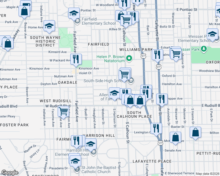 map of restaurants, bars, coffee shops, grocery stores, and more near 3625 Webster Street in Fort Wayne