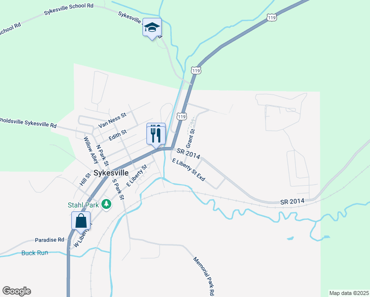 map of restaurants, bars, coffee shops, grocery stores, and more near 330 East Main Street in Sykesville