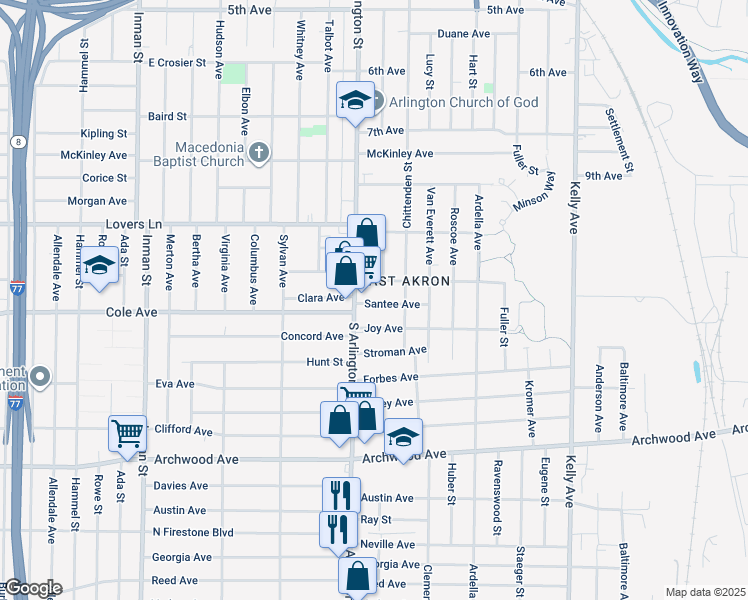 map of restaurants, bars, coffee shops, grocery stores, and more near 1113 Santee Avenue in Akron
