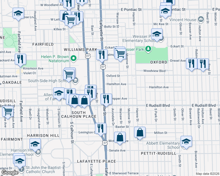 map of restaurants, bars, coffee shops, grocery stores, and more near 3614 Avondale Drive in Fort Wayne