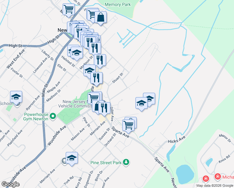 map of restaurants, bars, coffee shops, grocery stores, and more near 12 New Hampshire Street in Newton