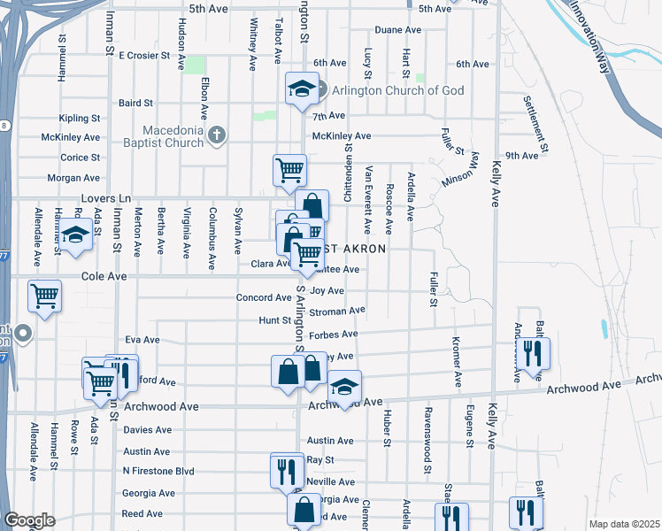map of restaurants, bars, coffee shops, grocery stores, and more near 1129 Santee Avenue in Akron