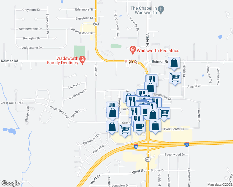 map of restaurants, bars, coffee shops, grocery stores, and more near 1054 Freedom Drive in Wadsworth