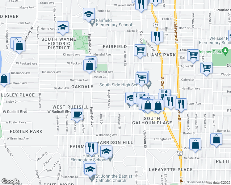 map of restaurants, bars, coffee shops, grocery stores, and more near 328 West Oakdale Drive in Fort Wayne
