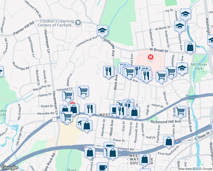 map of restaurants, bars, coffee shops, grocery stores, and more near 20 Acosta Street in Stamford