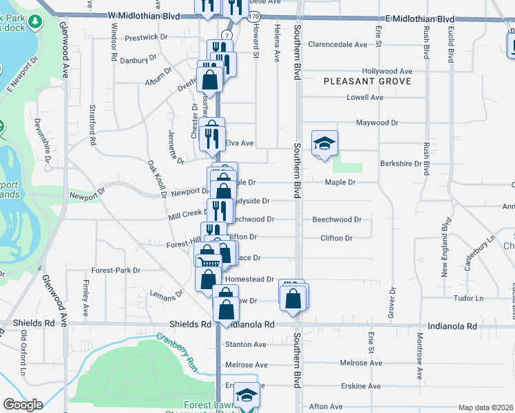 map of restaurants, bars, coffee shops, grocery stores, and more near 27 Shadyside Drive in Youngstown