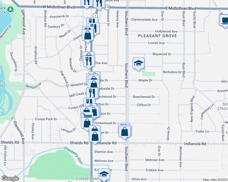 map of restaurants, bars, coffee shops, grocery stores, and more near 67 Shadyside Dr in Youngstown