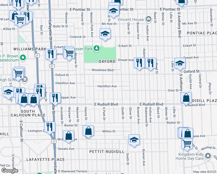 map of restaurants, bars, coffee shops, grocery stores, and more near 902 Hamilton Avenue in Fort Wayne