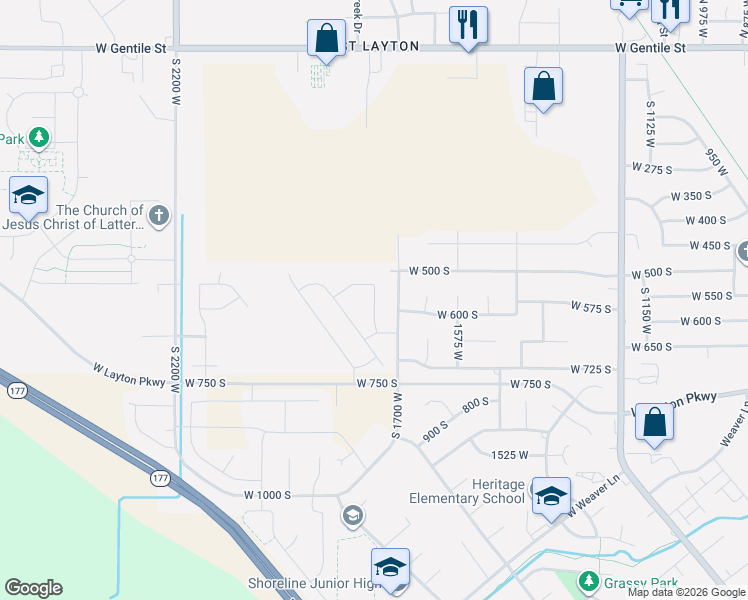 map of restaurants, bars, coffee shops, grocery stores, and more near 564 South Norway Spruce Drive in Layton
