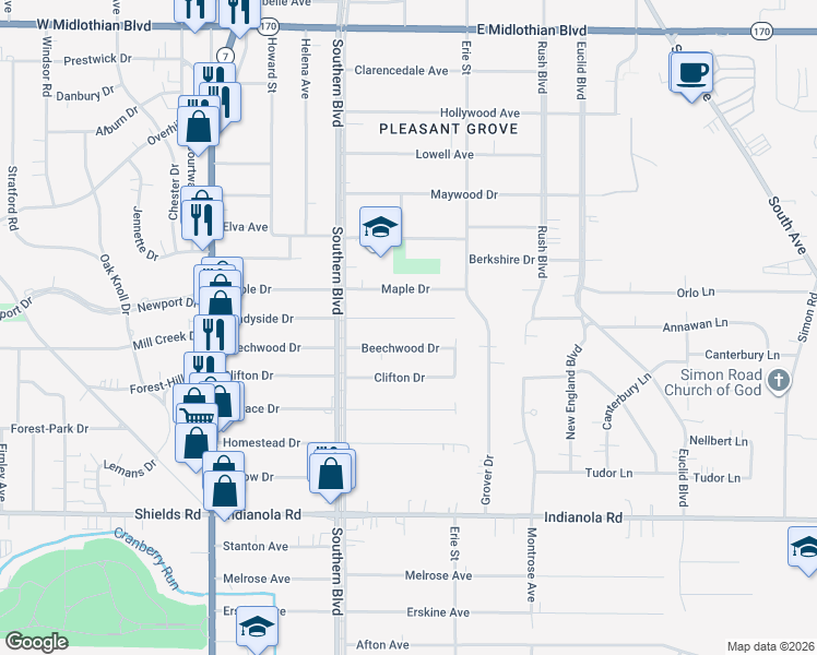 map of restaurants, bars, coffee shops, grocery stores, and more near 155 Shadyside Dr in Youngstown