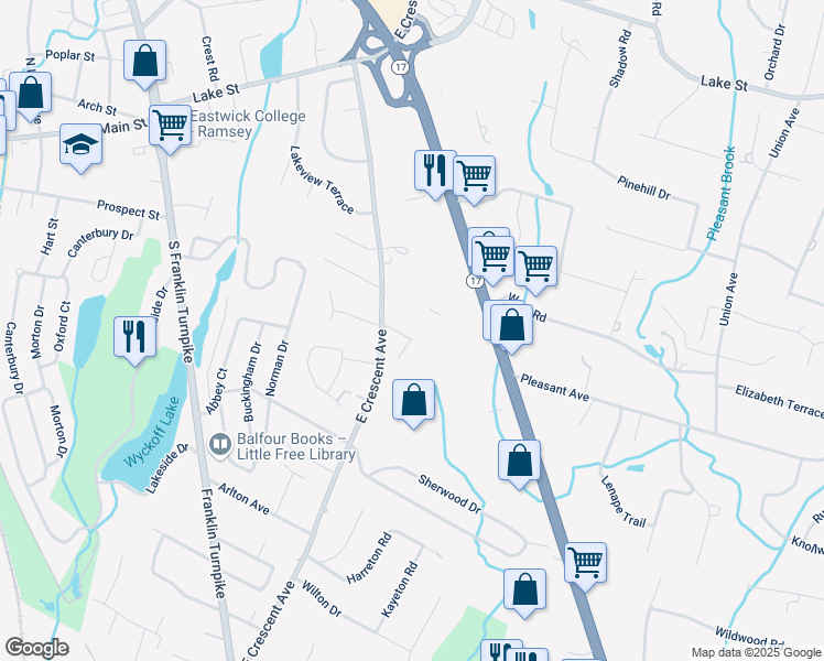 map of restaurants, bars, coffee shops, grocery stores, and more near 8 Crescent Hollow Court in Ramsey