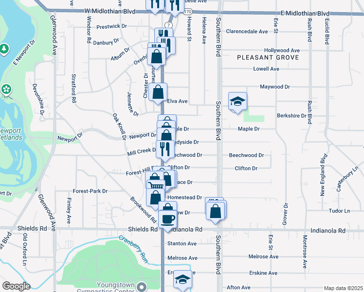 map of restaurants, bars, coffee shops, grocery stores, and more near 27 Shadyside Dr in Youngstown
