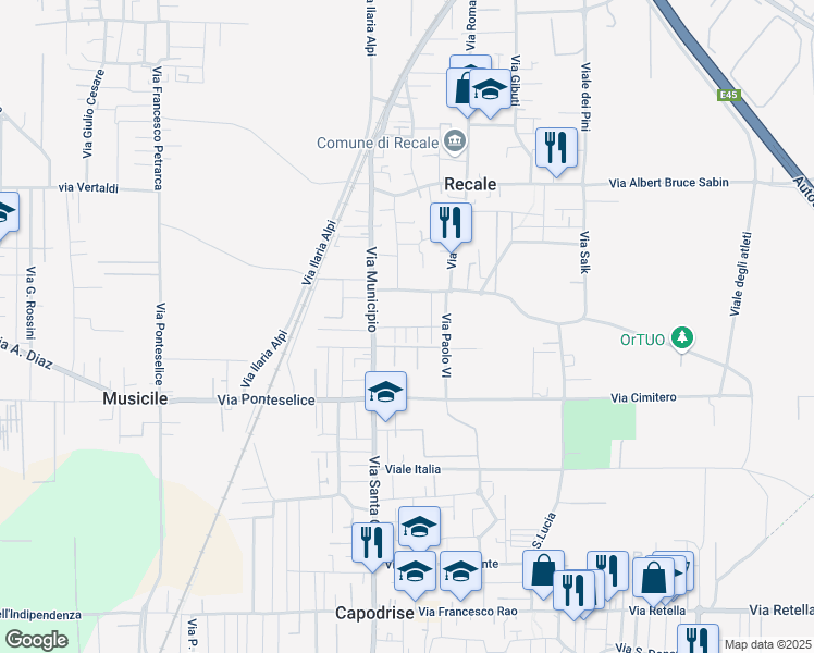 map of restaurants, bars, coffee shops, grocery stores, and more near 26 Via Giovanni Verga in Recale