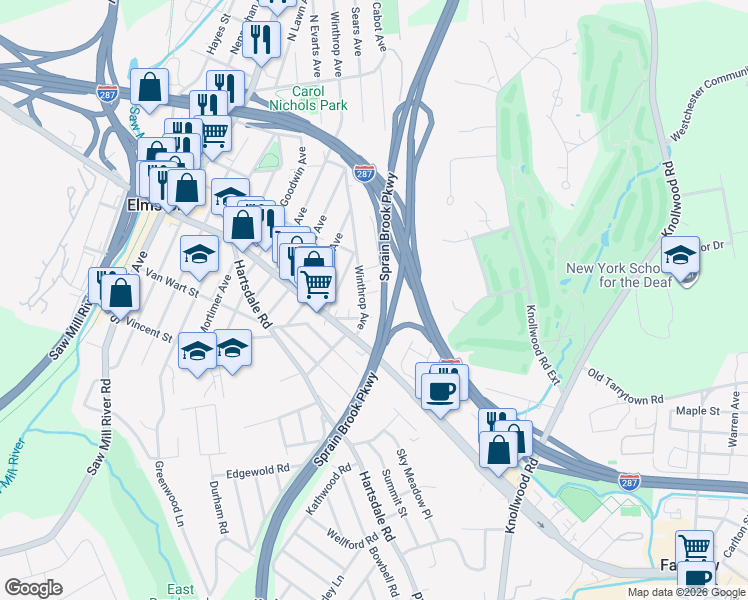 map of restaurants, bars, coffee shops, grocery stores, and more near 6 Crest Place in Elmsford