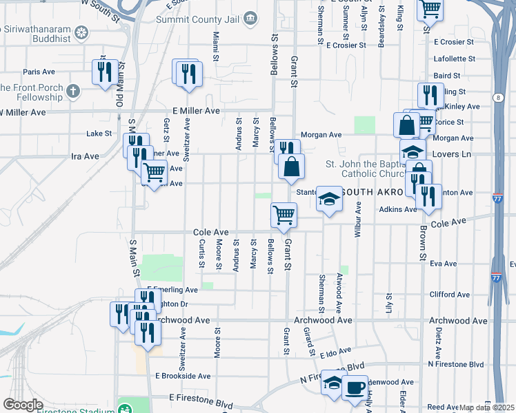 map of restaurants, bars, coffee shops, grocery stores, and more near 1279 Marcy Street in Akron