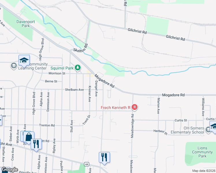 map of restaurants, bars, coffee shops, grocery stores, and more near 27 Columbine Avenue in Akron
