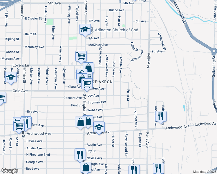 map of restaurants, bars, coffee shops, grocery stores, and more near 633 Van Everett Ave in Akron
