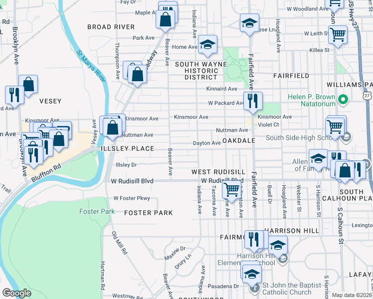 map of restaurants, bars, coffee shops, grocery stores, and more near 921 West Oakdale Drive in Fort Wayne
