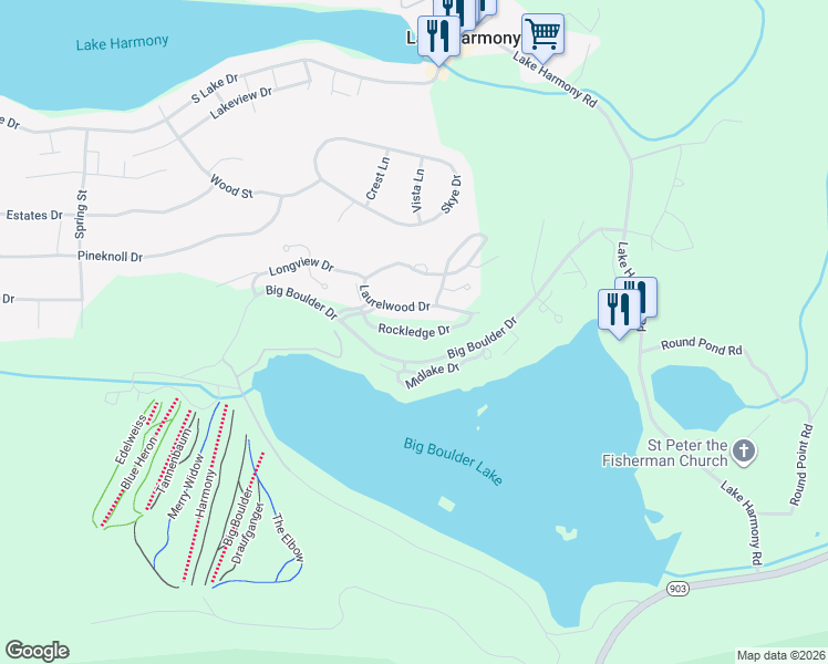 map of restaurants, bars, coffee shops, grocery stores, and more near Rockledge Drive in Lake Harmony