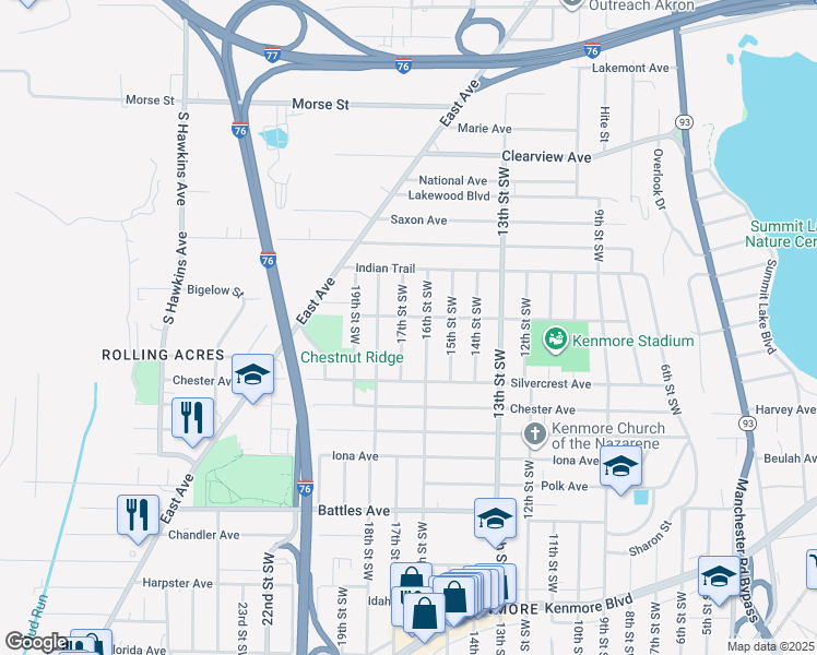 map of restaurants, bars, coffee shops, grocery stores, and more near 1899 17th Street Southwest in Akron