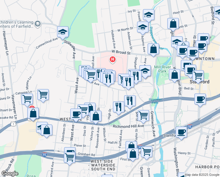map of restaurants, bars, coffee shops, grocery stores, and more near 154 Stillwater Avenue in Stamford