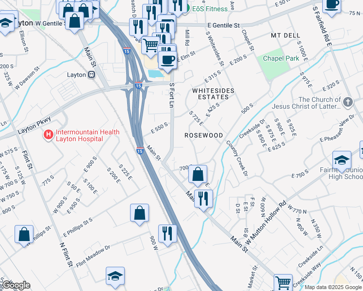 map of restaurants, bars, coffee shops, grocery stores, and more near 493 East Alice Way in Layton