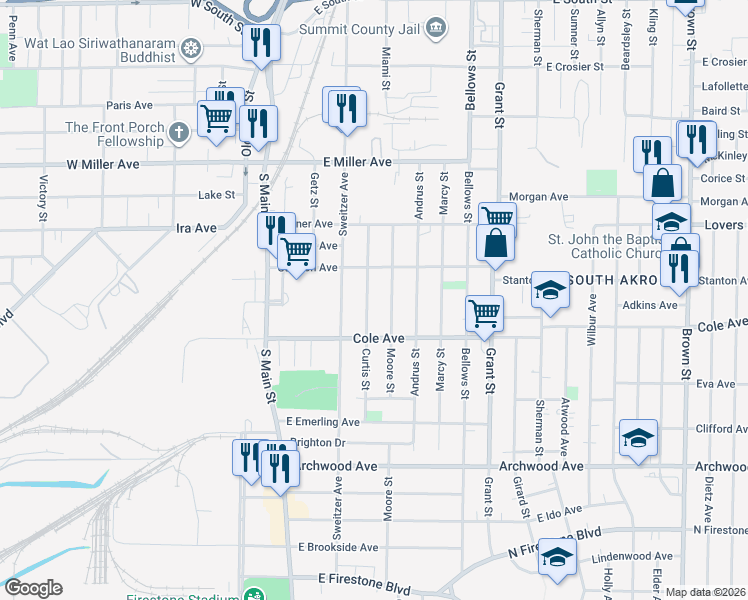 map of restaurants, bars, coffee shops, grocery stores, and more near 1281 Curtis Street in Akron