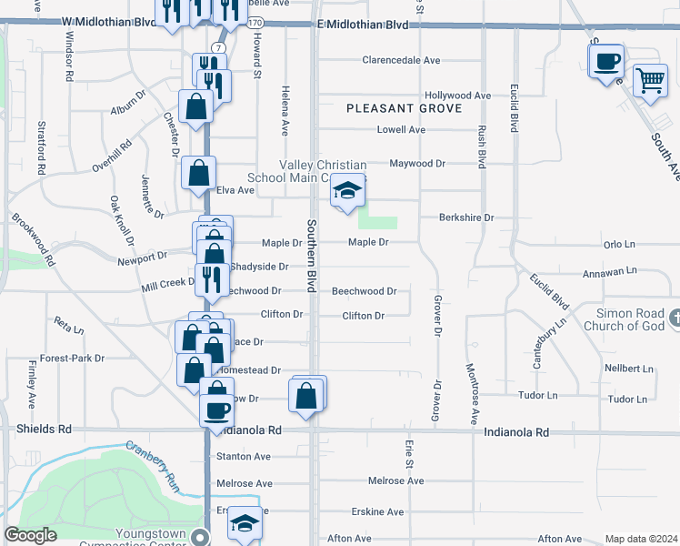 map of restaurants, bars, coffee shops, grocery stores, and more near 123 Shadyside Drive in Youngstown
