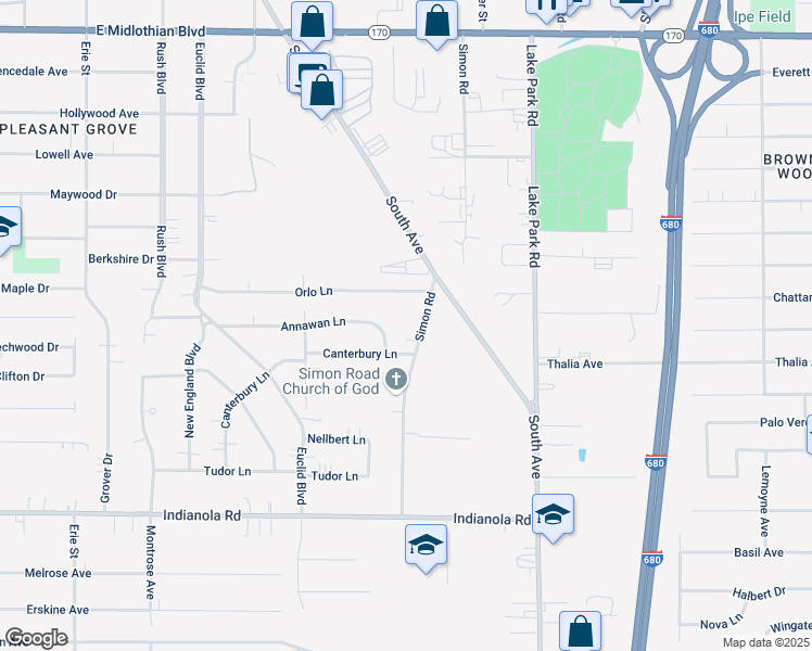 map of restaurants, bars, coffee shops, grocery stores, and more near 4618 Simon Road in Youngstown