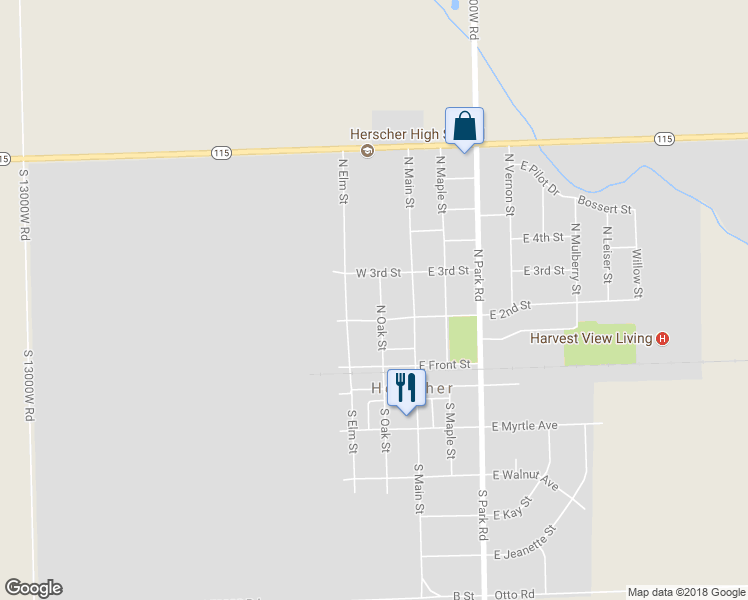 map of restaurants, bars, coffee shops, grocery stores, and more near 243 North Oak Street in Herscher