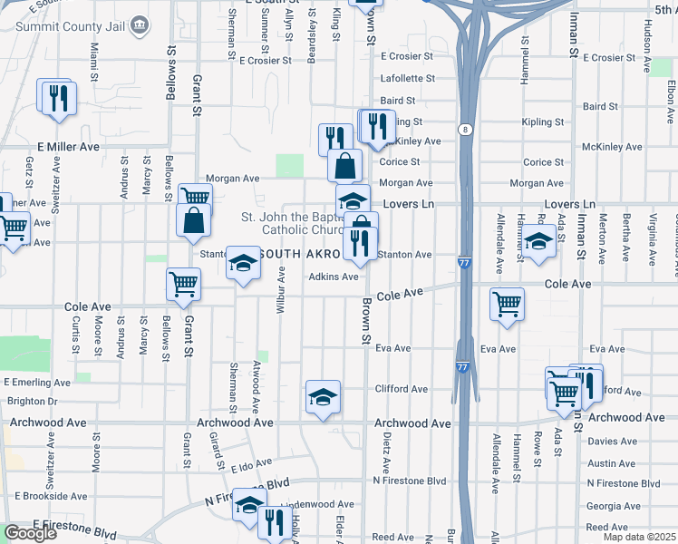 map of restaurants, bars, coffee shops, grocery stores, and more near 485 Adkins Avenue in Akron