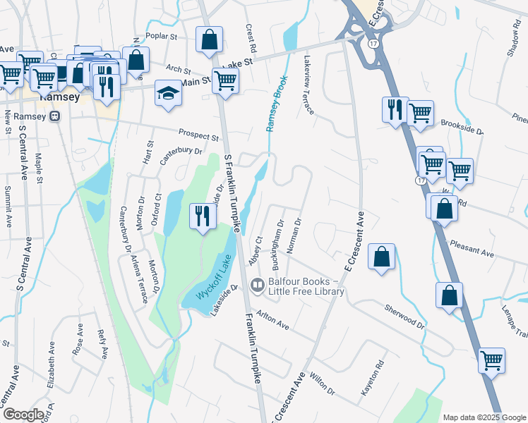 map of restaurants, bars, coffee shops, grocery stores, and more near 5 Buckingham Drive in Ramsey