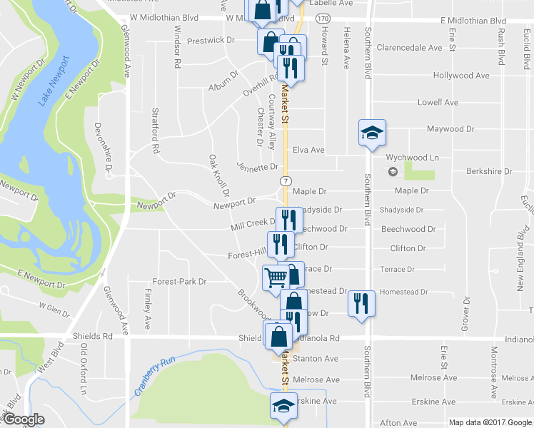 map of restaurants, bars, coffee shops, grocery stores, and more near 26 Mill Creek Drive in Youngstown