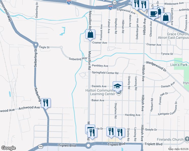 map of restaurants, bars, coffee shops, grocery stores, and more near 328 Baldwin Road in Akron