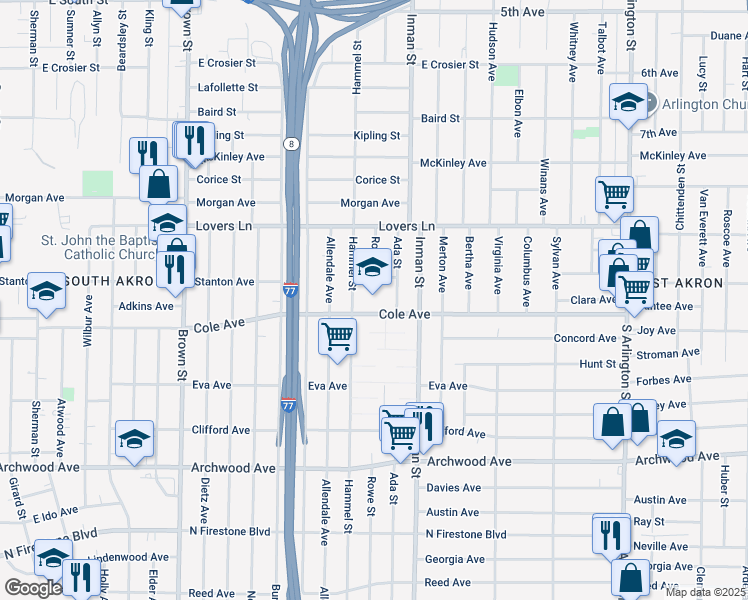map of restaurants, bars, coffee shops, grocery stores, and more near 935 Hammel Street in Akron
