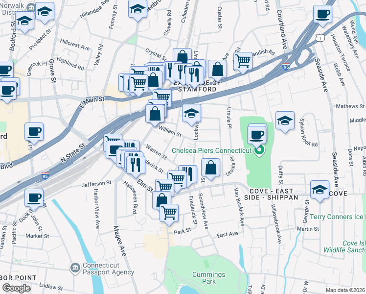 map of restaurants, bars, coffee shops, grocery stores, and more near 31 Lee Street in Stamford