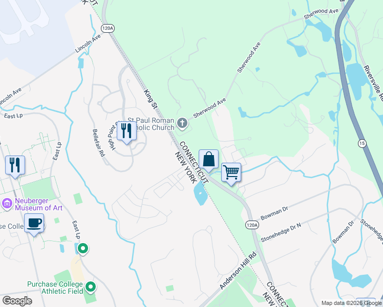 map of restaurants, bars, coffee shops, grocery stores, and more near 1093 King Street in Greenwich