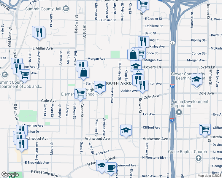 map of restaurants, bars, coffee shops, grocery stores, and more near 1134 Wilbur Avenue in Akron