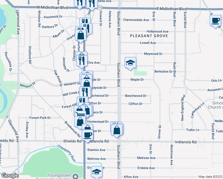 map of restaurants, bars, coffee shops, grocery stores, and more near 89 Shadyside Drive in Youngstown