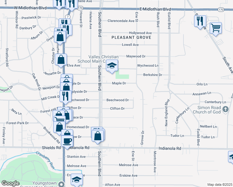 map of restaurants, bars, coffee shops, grocery stores, and more near 143 Shadyside Drive in Youngstown