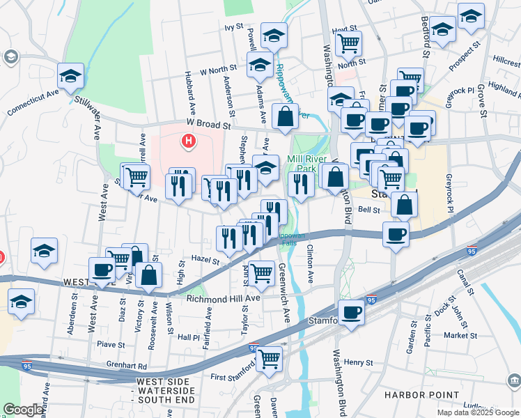 map of restaurants, bars, coffee shops, grocery stores, and more near 34 Greenwood Hill Street in Stamford