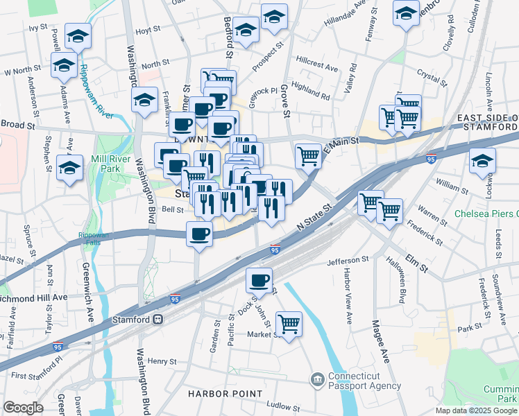 map of restaurants, bars, coffee shops, grocery stores, and more near 1 Greyrock Place in Stamford