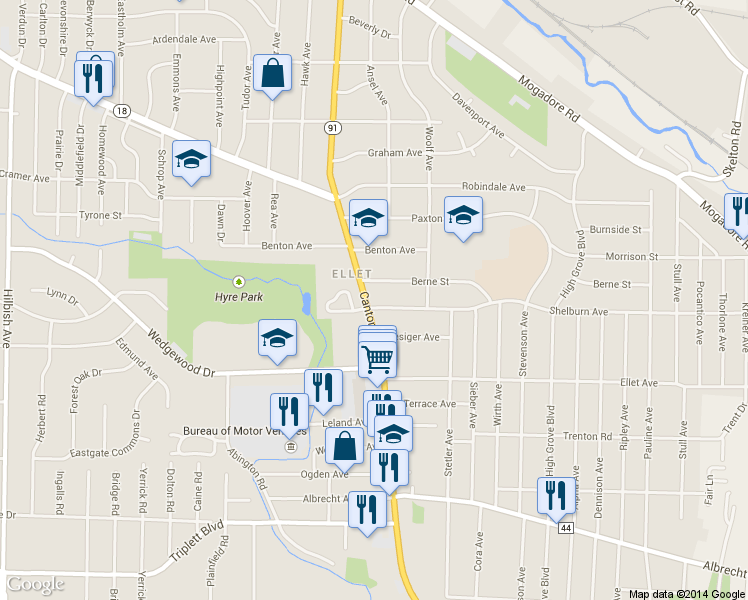 map of restaurants, bars, coffee shops, grocery stores, and more near 403 Canton Rd in Akron