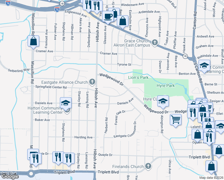 map of restaurants, bars, coffee shops, grocery stores, and more near 2184 Lynn Drive in Akron