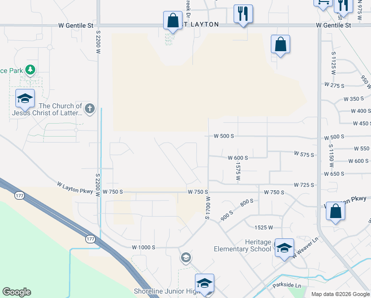 map of restaurants, bars, coffee shops, grocery stores, and more near 564 South Norway Spruce Drive in Layton