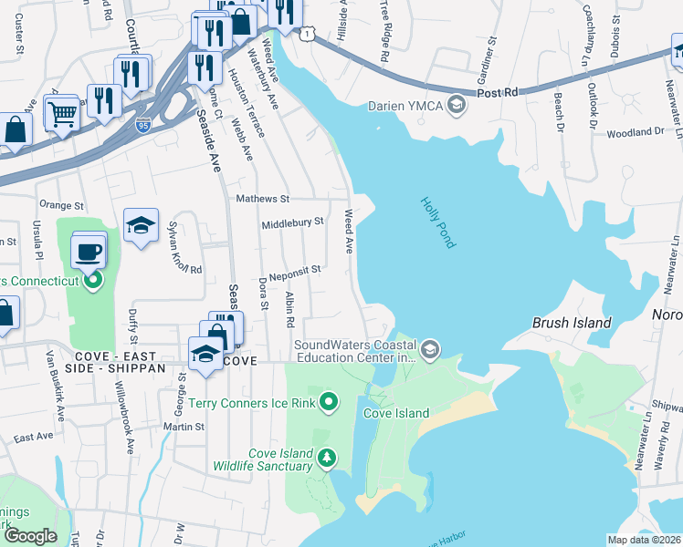 map of restaurants, bars, coffee shops, grocery stores, and more near 275 Weed Avenue in Stamford