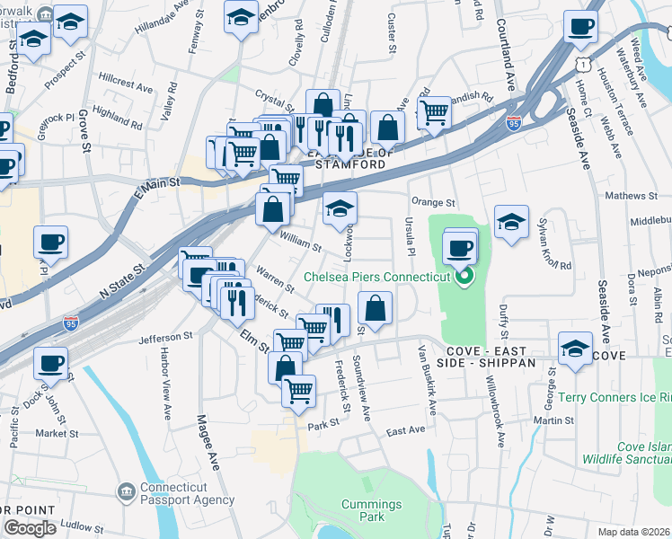 map of restaurants, bars, coffee shops, grocery stores, and more near 31 Lee Street in Stamford