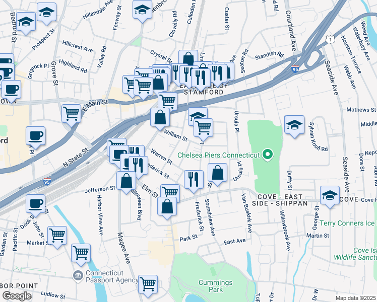 map of restaurants, bars, coffee shops, grocery stores, and more near 31 Lee Street in Stamford