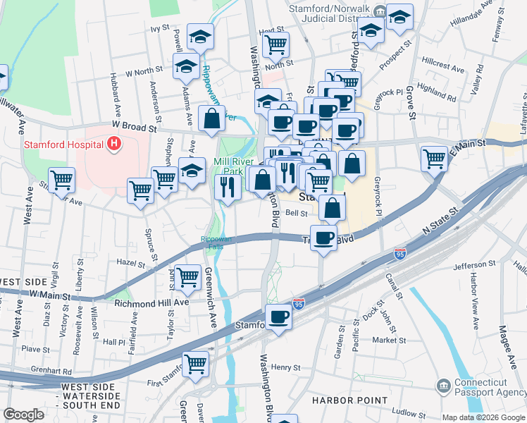 map of restaurants, bars, coffee shops, grocery stores, and more near 17 Relay Place in Stamford