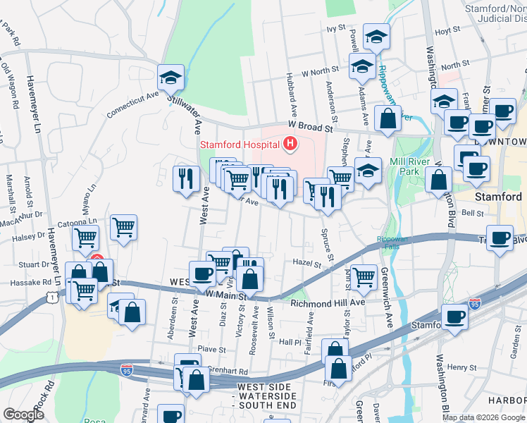 map of restaurants, bars, coffee shops, grocery stores, and more near in Stamford
